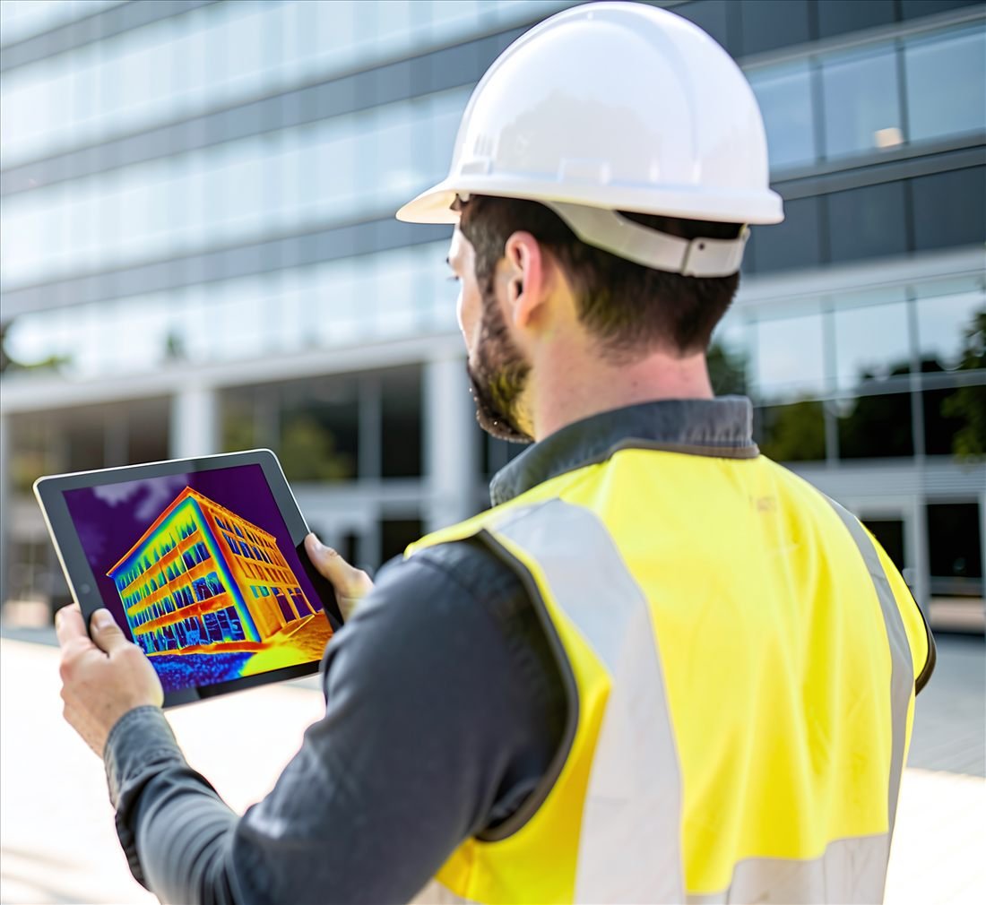 Técnico revisando un análisis termográfico de un edificio en tablet
